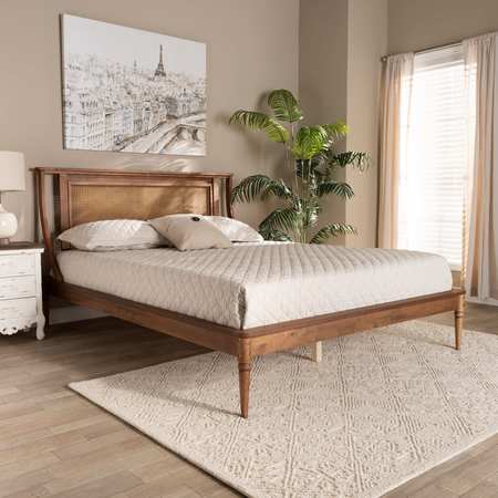 BAXTON STUDIO Jamila Modern Transitional Walnut Brown Finished Wood and Synthetic Rattan Platform Bed-King 194-11512-ZORO